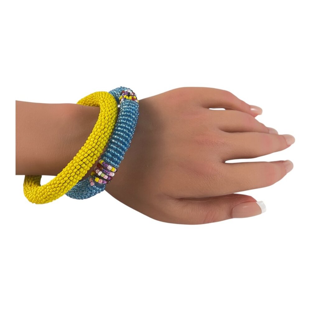 Lot of 2 Stackable Maasai Kenyan Beaded Bangles Bracelets Yellow Blue Seed Beads
